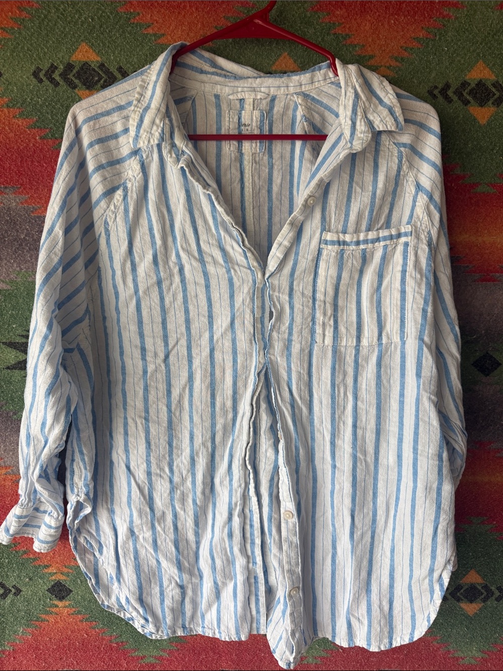 aerie White and Light Blue Vertical Stripe Button-Down Shirt
